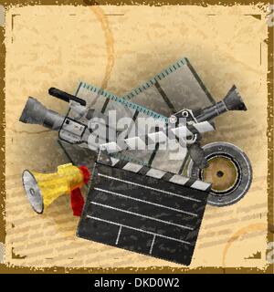 Vintage card with a set of objects for cinematography with elements of grunge Stock Vector