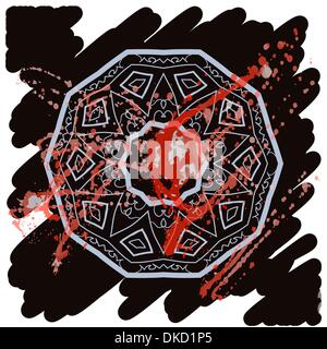Oriental mandala motif round lase pattern on the black background, like snowflake or mehndi paint in light color with watercolor Stock Vector