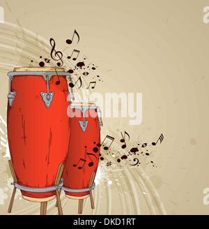 Music background with red drums and notes Stock Vector