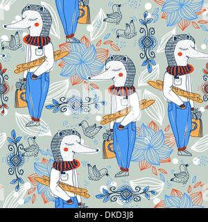 vector  seamless  pattern with cute hedgehogs , flowers and birds Stock Vector