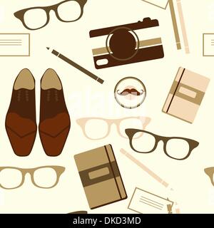 vector seamless pattern with shoes, glasses and stationery in a vintage style Stock Vector