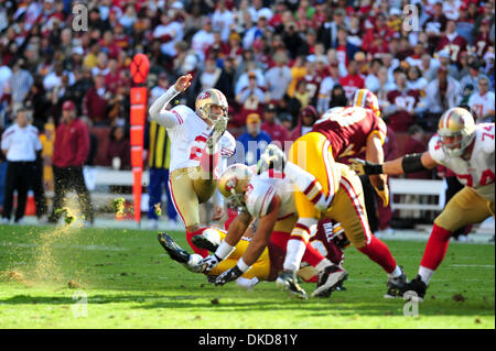 Nov. 06, 2011 - Landover, Maryland, United States of America - NFL game action in Landover Md; San Francisco 49ers kicker David Akers (2) second period field goal..The 49ers defeat the Redskins at home 19 -11 (Credit Image: © Roland Pintilie/Southcreek/ZUMAPRESS.com) Stock Photo