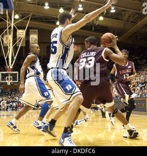 Jan 06, 2007 - Durham, NC, USA - NCAA College Basketball Durham Blue Devils #55 BRIAN ZOUBEK guards Hokies #33 COLEMAN COLLINS as the Virginia Tech Hokies beat the Duke Blue Devils 69-67 in an overtime as they played Cameron Indoor Stadium located in the Campus of Duke University in Durham. Stock Photo