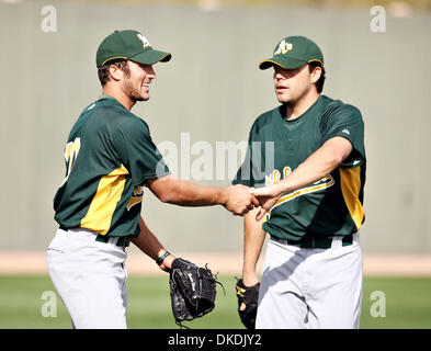 Oakland Athletics' Huston Street, left, smiles with teammate Bobby