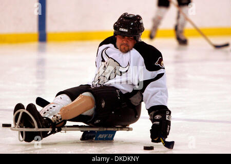 Feb 19, 2007 - Sunray, TX, USA - Retired Army Sgt. MOSES SONERA plays hockey with a group of BAMC soldiers who have lost limbs in Iraq and Afghanistan at the Ice Center at Northwoods, Monday, February 19, 2007.Sonera was injured by a mortar in Kurkuk, Iraq.They are preparing for an inter-squad match after Friday's San Antonio Rampage game at the SBC Center. (Credit Image: © Nicole  Stock Photo