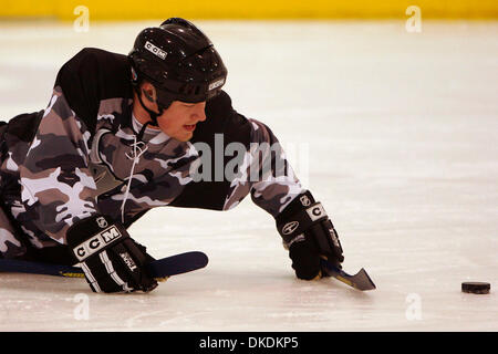 Feb 19, 2007 - Sunray, TX, USA - Retired Army Sgt. CHRIS LEVERKUHN plays hockey with a group of BAMC soldiers who have lost limbs in Iraq and Afghanistan at the Ice Center at Northwoods, Monday, February 19, 2007.They are preparing for an inter-squad match after Friday's San Antonio Rampage game at the SBC Center. Leverkuhn lost his leg in a 2004 roadside bomb near Ramadi, Iraq.  ( Stock Photo