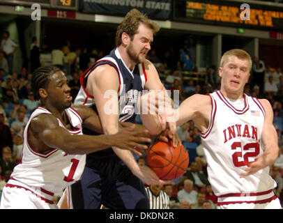 Mar 15, 2007 - Sacramento, CA, USA - Indiana's Roderick Wilmont (left) and Lance Stemler (right) strip the ball away from Gonzaga's Sean Mallon in the 2nd half of the Indiana - Gonzaga game at the 1st Round of the NCAA Men's Basketball Tournament at Arco Arena. Indiana beat Gonzaga 70-57.  (Credit Image: © Jose Luis Villegas/Sacramento Bee/ZUMA Press) RESTRICTIONS: USA Tabloid RIGH Stock Photo