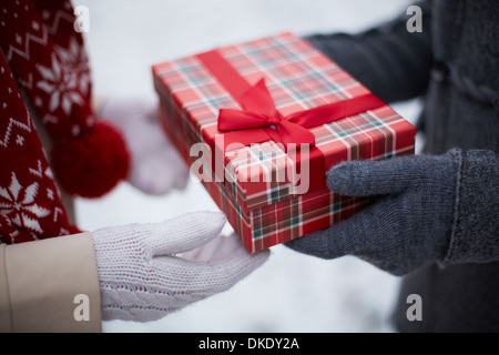 Image of gloved hand of guy giving his girlfriend Christmas present Stock Photo