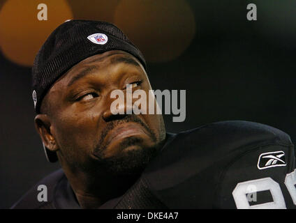 Oakland Raiders' Warren Sapp, #99, is all smiles after causing a fumble  against the San Diego Chargers in the 1st quarter of their game on Sunday,  December 29, 2007 at McAfee Coliseum