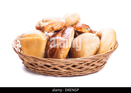 Different types of breads and buns in the basket on a white Stock Photo