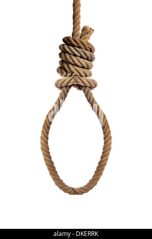 an old hemp rope with a hangmans noose on a white background Stock Photo