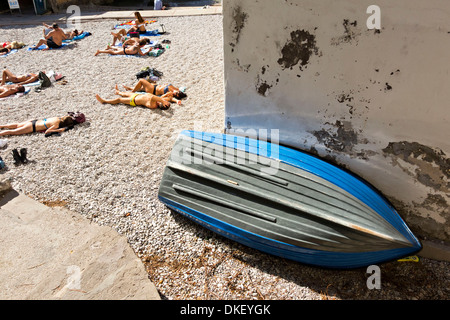 Sunbathers and swimmers at the Marina Piccola, Capri, Campania,Italy, Europe Stock Photo