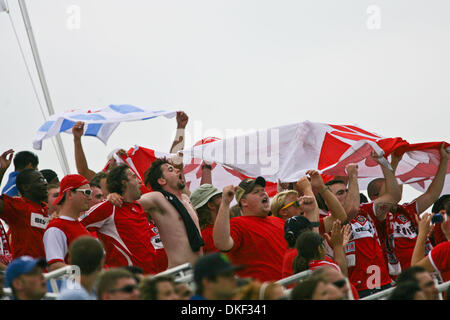 16 August 2009: Supporters of the Chicago Fire celebrate the goal by Mike Banner late in the second half. The Chicago Fire defeated the Kansas City Wizards 2-0 at CommunityAmerica Ballpark in Kansas City, KS. (Credit Image: © Southcreek Global/ZUMApress.com) Stock Photo