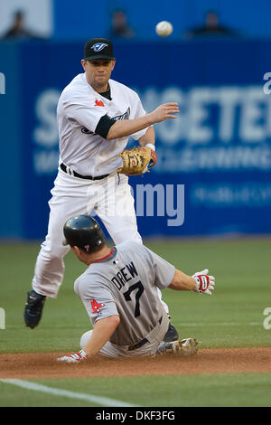 18 August 200: Toronto Blue Jays second baseman Aaron Hill #2 throws out Boston Red Sox right fielder J.D. Drew #7 in a double play at the Rogers Centre in Toronto during an MLB game between the Boston Red Sox and the Toronto Blue Jays..The Red Sox won 10-9..*****FOR EDITORIAL USE ONLY* (Credit Image: © Southcreek Global/ZUMApress.com) Stock Photo