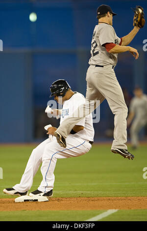 18 August 200: Toronto Blue Jays first baseman Randy Ruiz #3 beats the throw at second base as Boston Red Sox shortstop Nick Green #22 goes for the tag  at the Rogers Centre in Toronto during an MLB game between the Boston Red Sox and the Toronto Blue Jays..The Red Sox won 10-9..*****FOR EDITORIAL USE ONLY* (Credit Image: © Southcreek Global/ZUMApress.com) Stock Photo