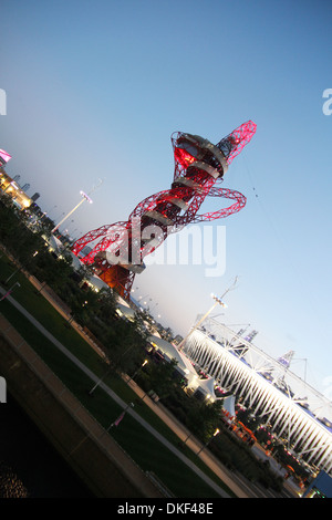 The ArcelorMittal Orbit in the evening, designed by Sir Anish Kapoor and Cecil Balmond of engineering Group Arup. Stock Photo