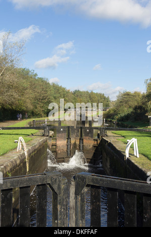 A section of the flight of thirteen canal locks on the Leeds-Liverpool canal at Aspull near Wigan.