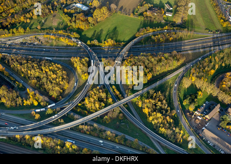 Autobahnkreuz Kaiserberg interchange, spaghetti junction, A3 motorway and A40 Ruhrschnellweg, aerial view, Duisburg, Ruhr Area Stock Photo