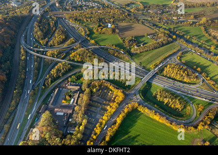 Autobahnkreuz Kaiserberg interchange, spaghetti junction, A3 motorway and A40 Ruhrschnellweg, aerial view, Duisburg, Ruhr Area Stock Photo