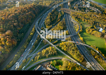 Autobahnkreuz Kaiserberg interchange, spaghetti junction, A3 motorway and A40 Ruhrschnellweg, aerial view, Duisburg, Ruhr Area Stock Photo