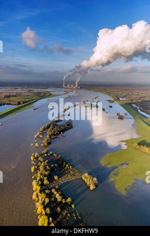 Duisburg-Walsum, Rhine River, STEAG Voerde Power Plant in the distance, flood, aerial view, Rheinberg, North Rhine-Westphalia Stock Photo