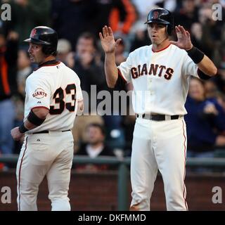 San Francisco Giants pitcher Brian Wilson (R) and catcher Eli