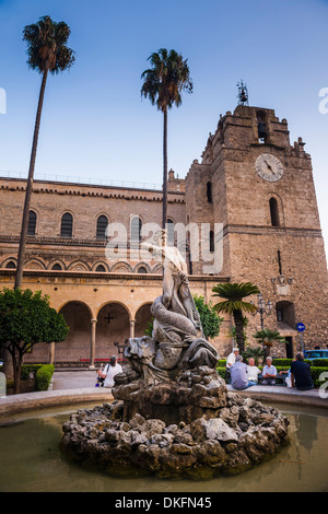 Monreale Cathedral (Duomo), and fountain in Guglielmo Square in Monreale, near Palermo, Sicily, Italy, Europe Stock Photo