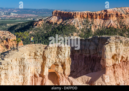 Hikers on arch rock formation in Bryce Canyon Amphitheater, Bryce Canyon National Park, Utah, USA Stock Photo