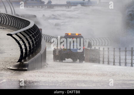 LifeGuard off-road beach & trail patrol rescue vehicle Blackpool, Lancashire, UK Weather Jan, 2018.  Storm Eleanor brings stormy seas, & huge breaking waves to the resort seafront. The  powerful storm has struck the UK with raging winds causing 'danger to life' as treacherous conditions were experienced in many parts of the UK. An amber 'be prepared' warning, which includes winds gusting up to 90mph in some areas, has been issued for north west coasts of England. An upgraded yellow 'be aware' warning has also now been put in place for parts of the Fylde Coast. Stock Photo