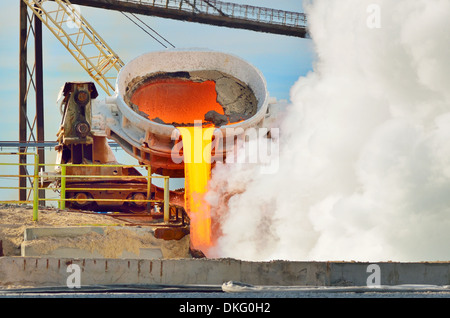 hot steel pouring in steel plant. Production of cast iron in steel mills Stock Photo