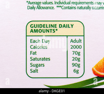 Adult daily guidelines for calories,fat,saturates,sugars,salt as shown on a carton of orange juice. Stock Photo