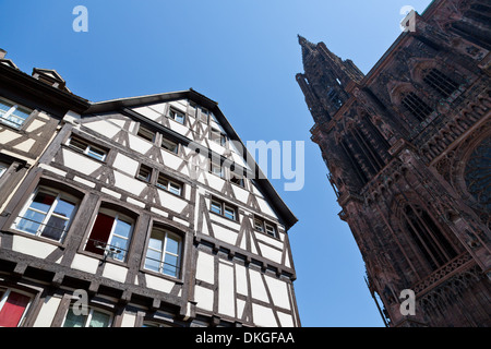 Half-timbered house and minster, Strassburg, Alsace, France, Europe Stock Photo