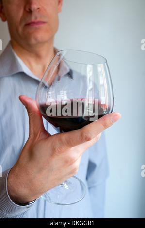 Wine taster tasting a glass of red wine. Close view. Stock Photo