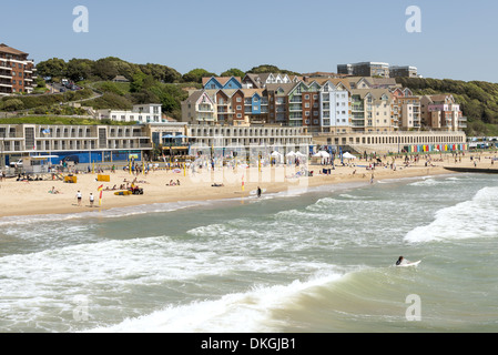 The view from Boscombe pier across the seafront promenade and beach. Dorset, England, UK