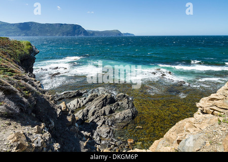 The blue-green waters of the Gulf of St. Lawrence off the cliffs of Lobster Cove Head in Gros Morne National Park, Newfoundland Stock Photo