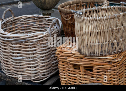 Selection of hand-made wicker log baskets. Stock Photo