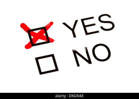 'YES' and 'NO' tick boxes on a survey or Questionnaire. Stock Photo
