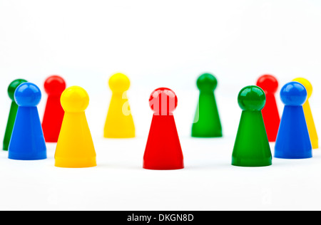 Board game Pieces and Dice over a plain white background. Stock Photo
