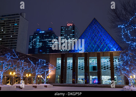 A night view of Edmonton City Hall, Sir Winston Churchill Square, and downtown Edmonton in winter.  Edmonton, Alberta, Canada. Stock Photo