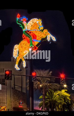 The iconic Electric Horseman neon sign from the old Hacienda Casino,at the corner of Fremont and Las Vegas Blvd. Stock Photo