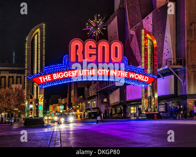 A night time view of RENO the biggest little city in the world iconic sign,Downtown  Reno Nevada Stock Photo