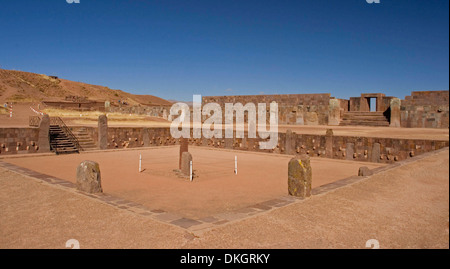 Semi subterranean temple at Tiwanaku - part of ruins of ancient city in Andes Mountains in Bolivia South America Stock Photo