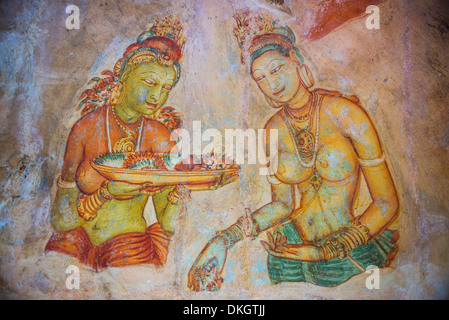 Apsara Frescoes on Mirror Wall at Sigiriya Rock Fortress, UNESCO World Heritage Site, Sri Lanka, Asia Stock Photo