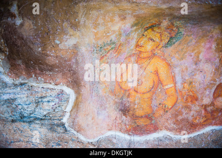 Apsara Frescoes on Mirror Wall at Sigiriya Rock Fortress, UNESCO World Heritage Site, Sri Lanka, Asia Stock Photo