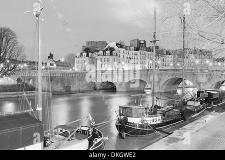 Ships on River Seine and Pont Neuf Bridge, Paris, Ile de France, France, Europe Stock Photo