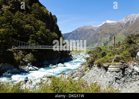 Hikers pause on a suspension bridge in New Zealand to take photographs Stock Photo