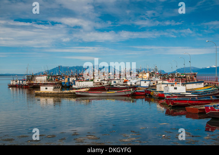 Many little boats in the harbour of Puerto Natales, Patagonia, Chile, South America Stock Photo
