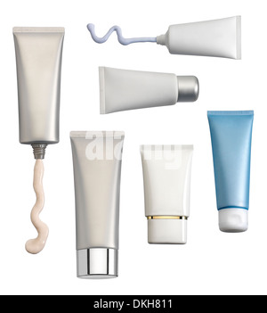 Different types of cosmetic containers isolated on white background. Clipping Path Stock Photo