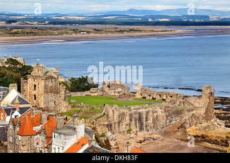 St. Andrews Castle and West Sands from St. Rules Tower at St. Andrews Cathedral, St. Andrews, Fife, Scotland, United Kingdom Stock Photo