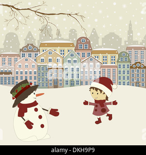 Christmas greeting card with houses in winter Stock Photo